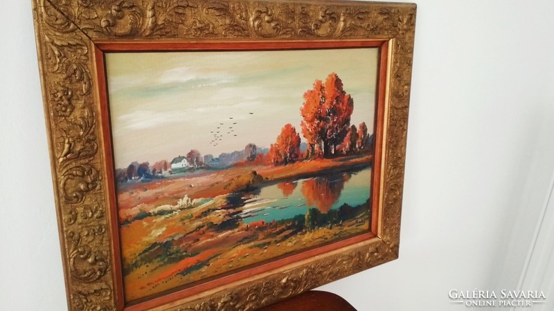Marked oil cardboard autumn landscape