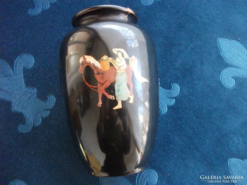 Antique Vietnamese hand painted lacquer vase with 2 life pictures