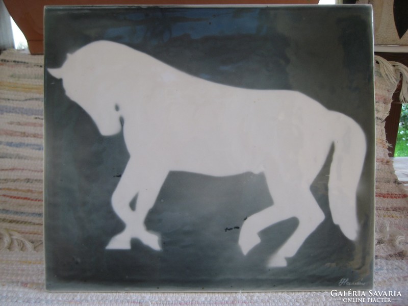 Equestrian, large size, decorative tile, porcelain, signed, from the 60s, 34.5 x 3o cm