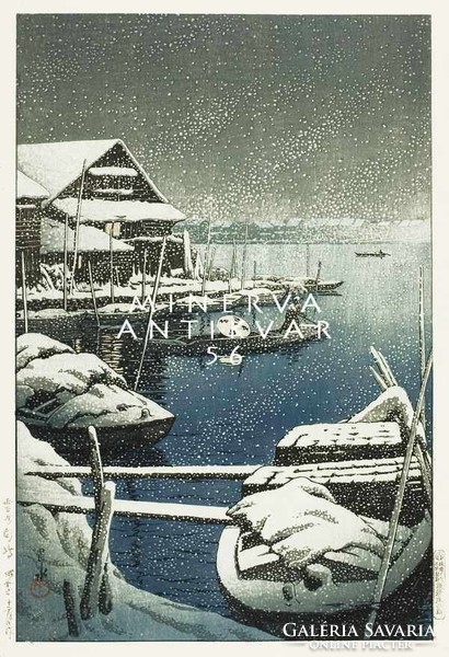 Régi japán fametszet - hóesés téli tájkép kikötő csónak hajó tó 1931 Kitűnő minőségű reprint nyomat
