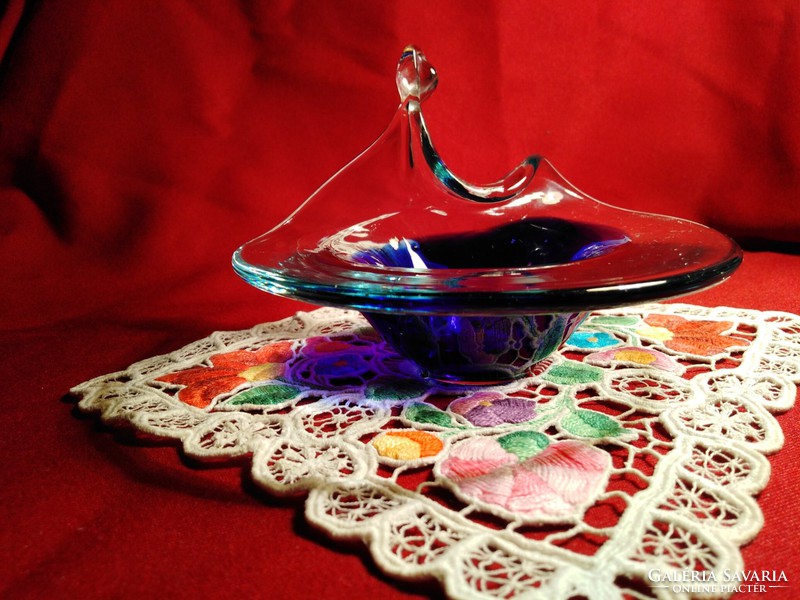 No2 Mesés művészi fújt üveg BOHEMIA kínáló tál asztalközép 14x10 cm 