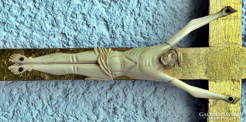 38. Antique bone - ivory Jesus Christ 16 cm, 34 cm gilt crucifix, cross, corpus