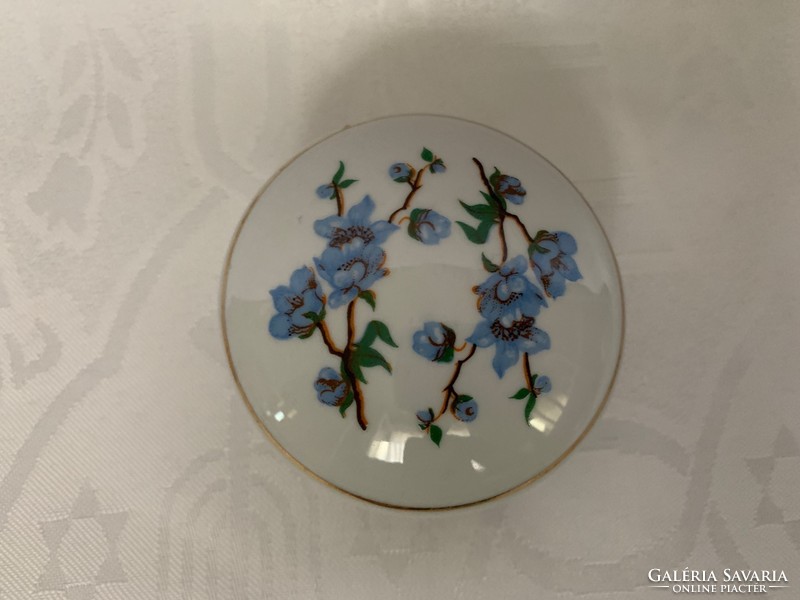 Hollóházi kis ékszertartó, hibátlan 4 x 8 cm., kék nefelejts virág