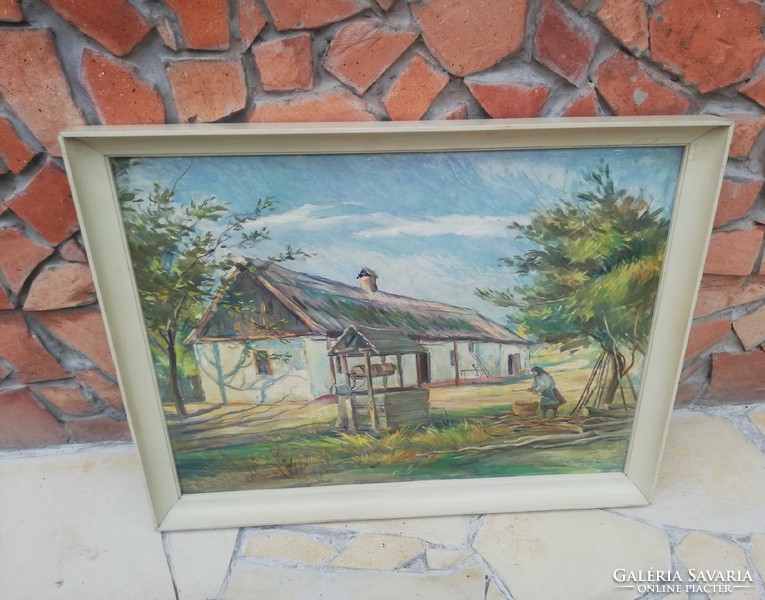 Várady l. Signo beautiful peasant landscape painting, with well, farmhouse, collector's beauty