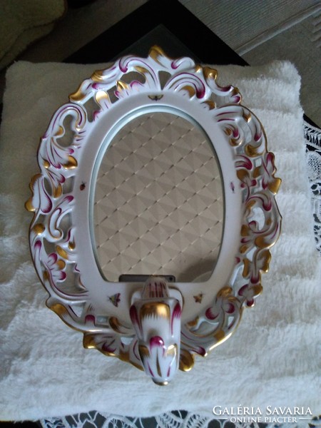 Herend gold-pink painting, baroque wall mirror with candle holder!
