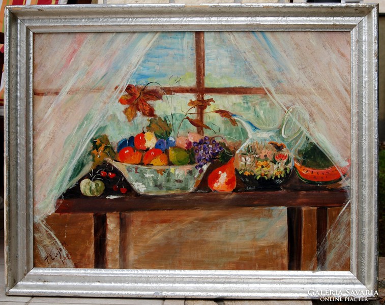 T. Lojo m.: Flowers and fruits in front of the window, 1987 - large oil painting, 60x80 cm