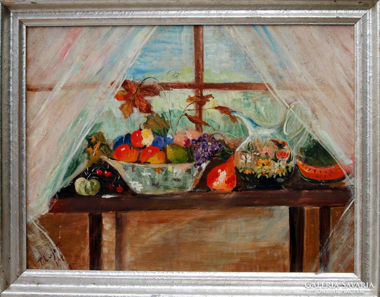 T. Lojo M.: Virágok és gyümölcsök az ablak előtt, 1987 - nagy méretű olajfestmény, 60x80 cm