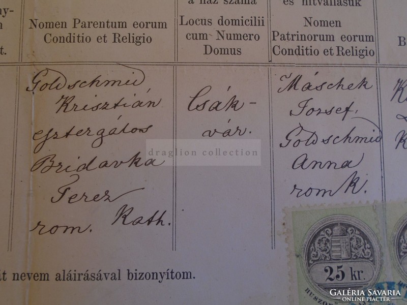 D172658 Régi irat CSÁKVÁR Mária Goldsmid (1854) -Bridavka,  Benedek Ferencz esperes 1872