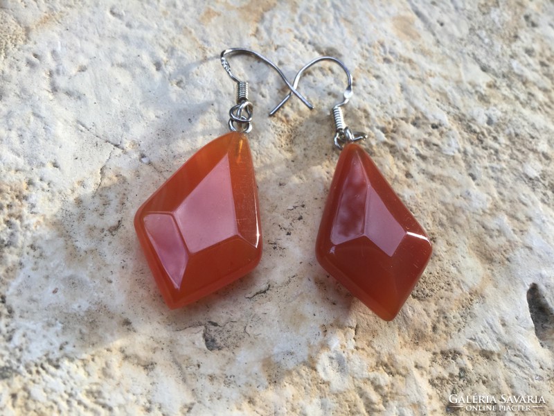 Orange carnelian polished mineral silver earrings