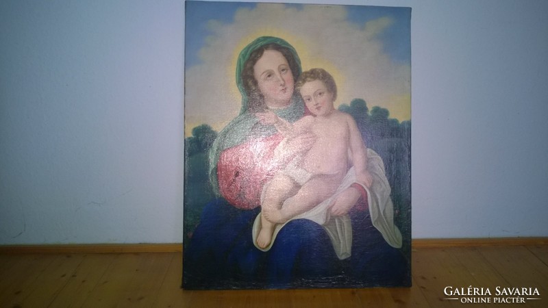 Antik,restaurál 1800-as évek,Mária kis Jézussal egyházi témájú  festmény 63x80 cm