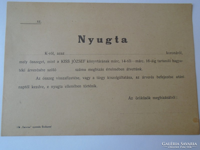 G029.8   Régi kitöltetlen nyugta  Kiss József költő könyvtárának hagyatéki árveréséről 1925 k