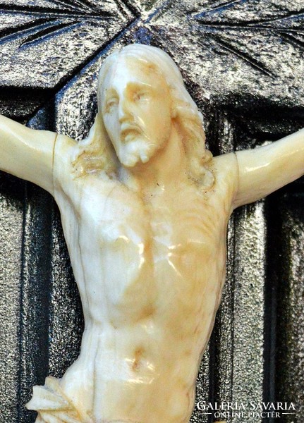 44. Antik, CSONT Jézus Krisztus 14 cm, 35, cm feszület, aprólékos, kereszt, korpusz