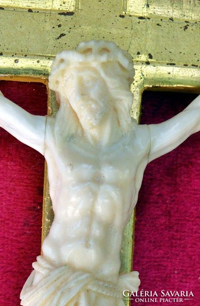 45. Antik CSONT  Jézus Krisztus (9.5cm), Korpusz, feszület, kereszt, 27 cm keretben.