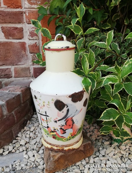 Rare Bonyhád figured enameled, enamelled Cegléd jug, nostalgia piece, peasant decoration