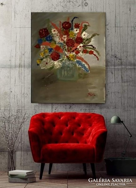 "Virágok vázában", olajfestmény, 50 x 40 cm, farost, szép kerettel, szignózott