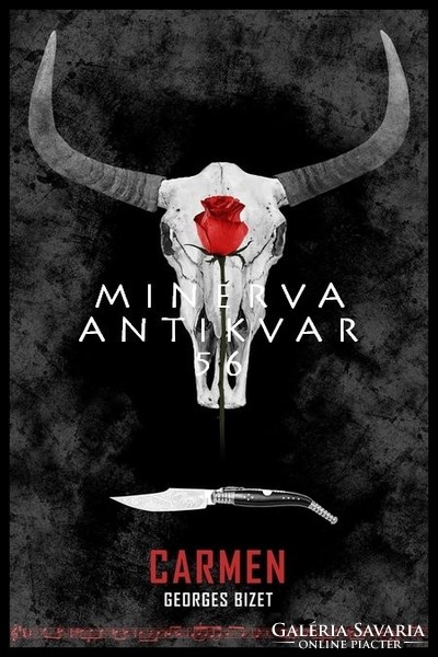 Bizet: Carmen opera plakát, bika koponya szarvak vörös rózsa navajo tradicionális spanyol kés bicska