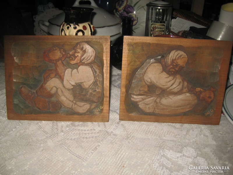 Wood carvings, two high-quality, colored wall pictures. With Signo