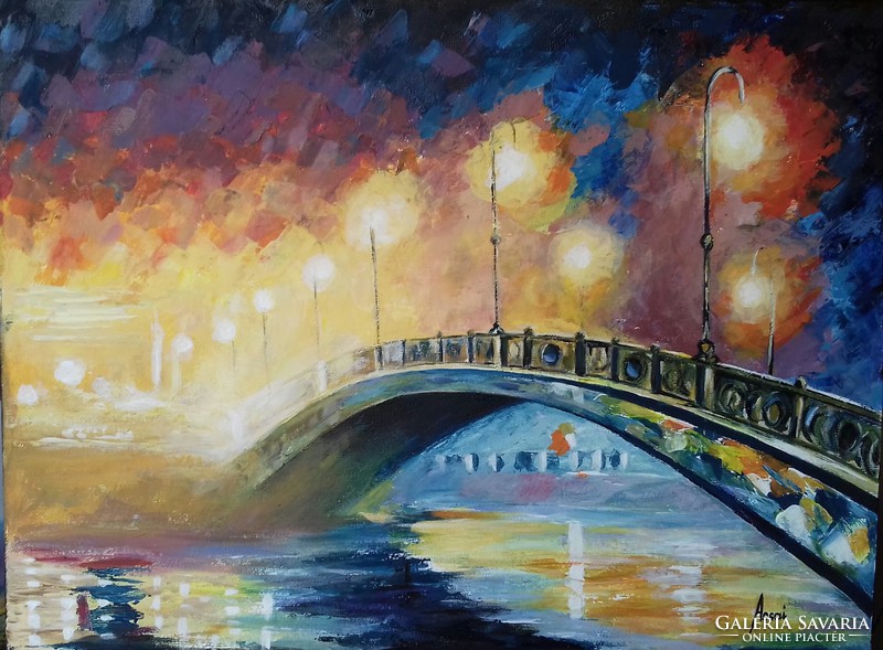 Híd esti fényben c.festmény, tájkép L.Afremov nyomán