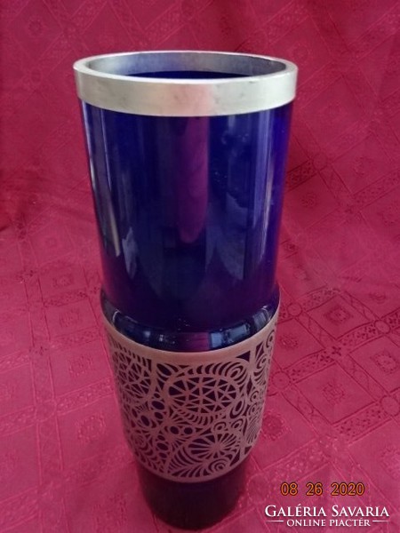 Cobalt blue glass vase with hydrangea metal pierced pattern height 30 cm. He has! Jókai.