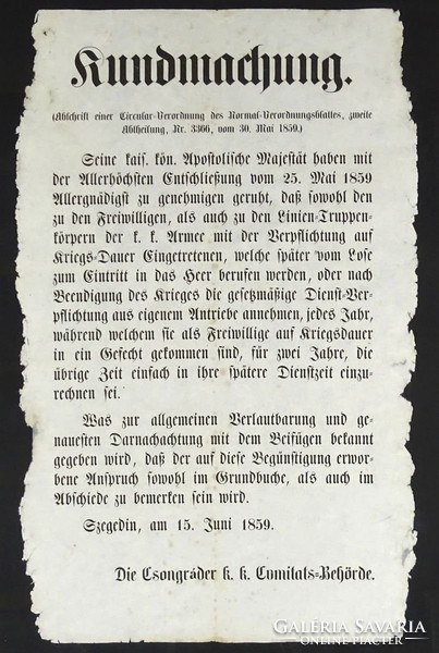 1B590 Monarchia korabeli német nyelvű katonai hirdetmény 1859