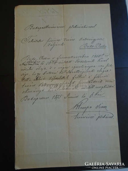 ZA313.8  Régi irat   Katonai igazolás igénylése Gviazdonik Károly   Budapest 1875 