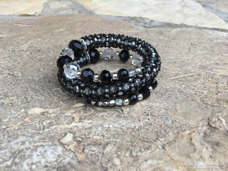 Black silver color double row memory pearl bracelet for women
