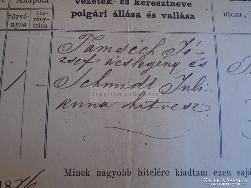 ZA315.8  Régi irat  TATA Komárom megye Tamsich Borbéla - Tóváros 1876  Horváth Ferenc p.