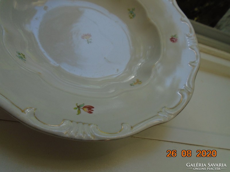 Zsolnay baroque, gold-feathered deep plate with scattered floral pattern