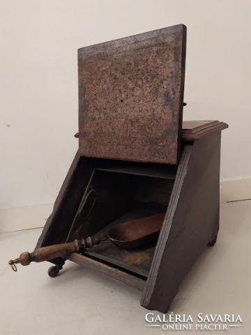 Antique very nice patinated wood stove fireplace next to charcoal log holder carved chest s copper shovel
