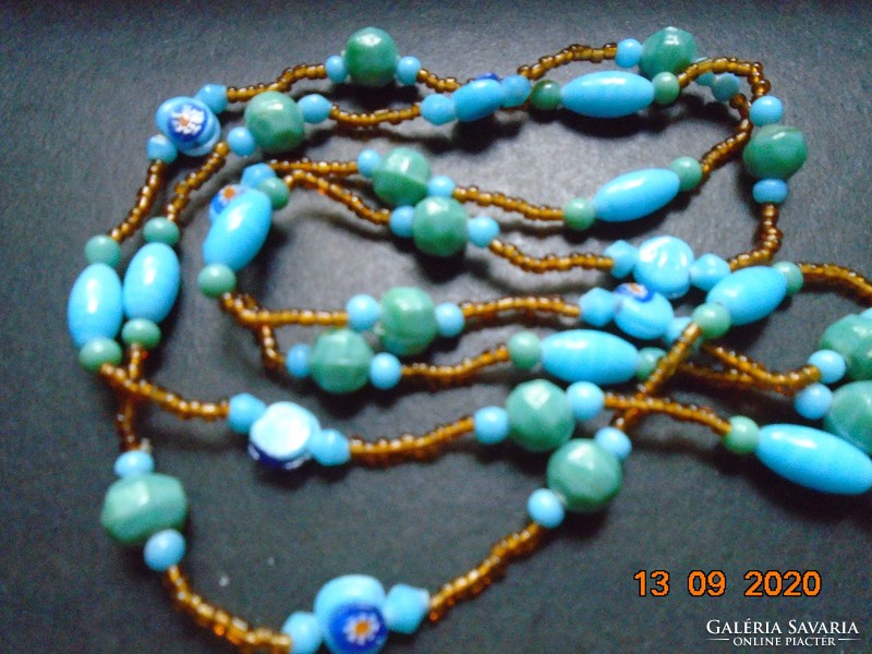 Murano millefiori, turquoise, long necklace made of green, gold-colored pearls