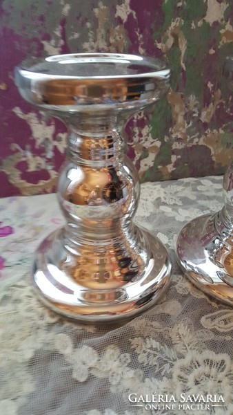 Üveg gyertyatartó  - ezüst színű