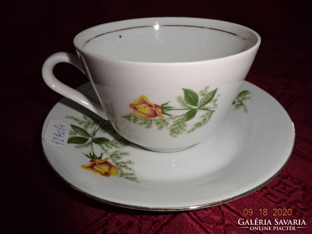 KAHLA minőségi német porcelán teáscsésze + alátét, sárga rózsával, vitrin minőség.