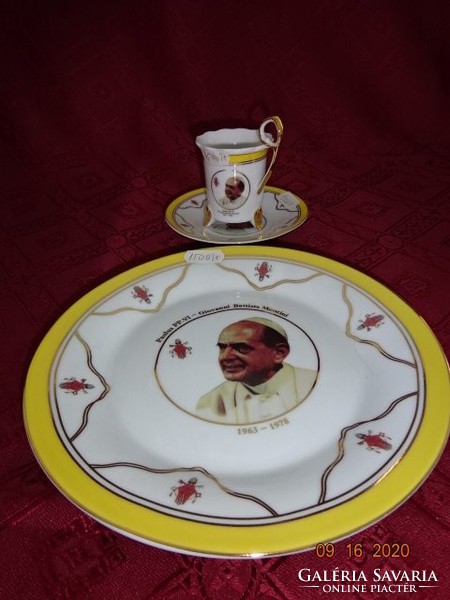 VI. Pál pápát ábrázoló reggeliző szett. Süteményes tányér átmérője 19 cm. Vanneki!