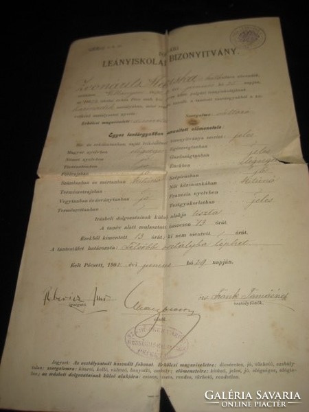 Civil girls' school certificate 1902. 22 X 38 cm
