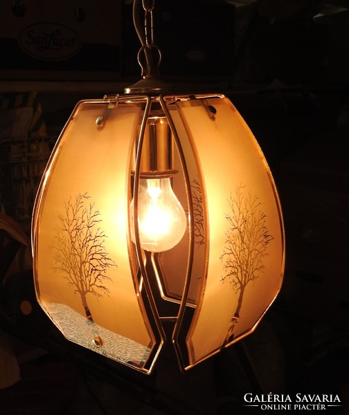 Vintage - ca. 50-year-old - hanging lamp - four-sided, with a wooden pattern