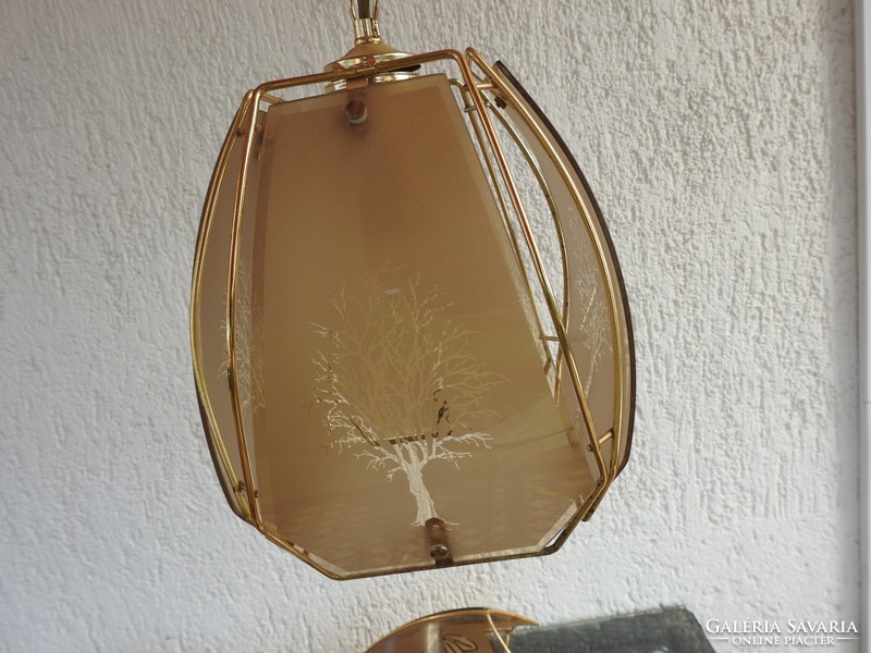 Vintage - ca. 50-year-old - hanging lamp - four-sided, with a wooden pattern