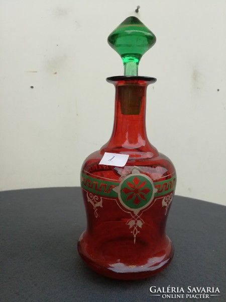 Antik dugós palack rubin szinű zöld dugós, festett minta fúvott 1800as évekből. Huta, gyüjteménybe, 