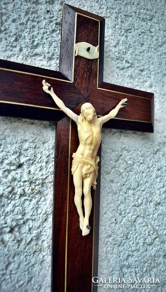 49. Antique Ivory Jesus Christ (11cm), 35.5Cm marquetry crucifix, cross, corpus