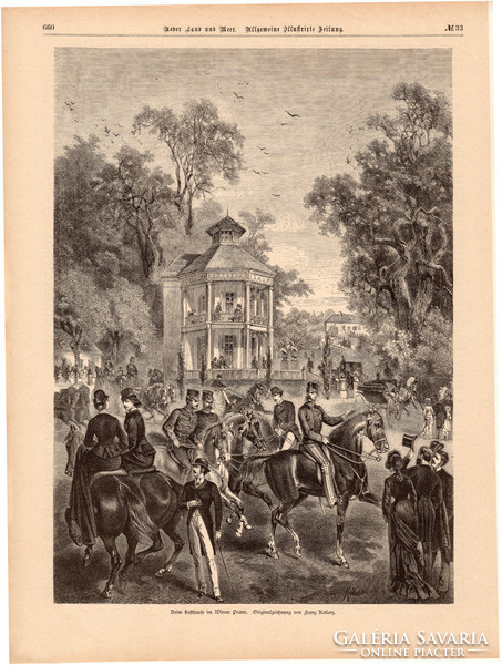 Bécs, Prater, Lusthaus, metszet 1880, 22 x 31 cm, Ferenc József, monarchia, újság, lovaglás, Wien
