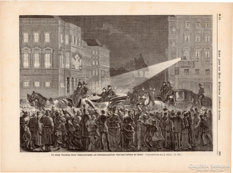 Bécsi ünnepi világítás, metszet 1874, 22 x 31 cm, Ferenc József, monarchia, újság, császár, jubileum