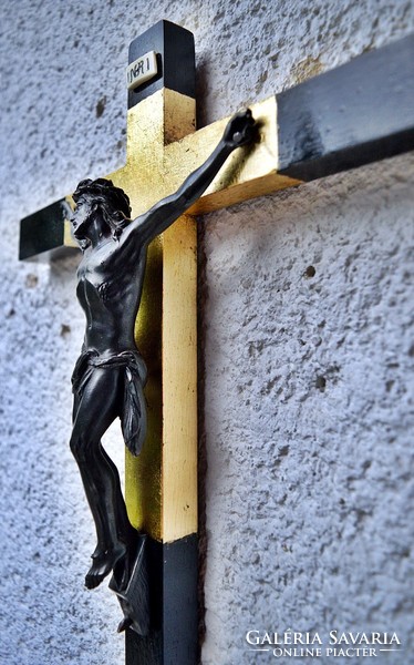 Antik fém Jézus Krisztus (20,5 cm), 42 cm aranyozott feszület, aprólékos kereszt, korpusz