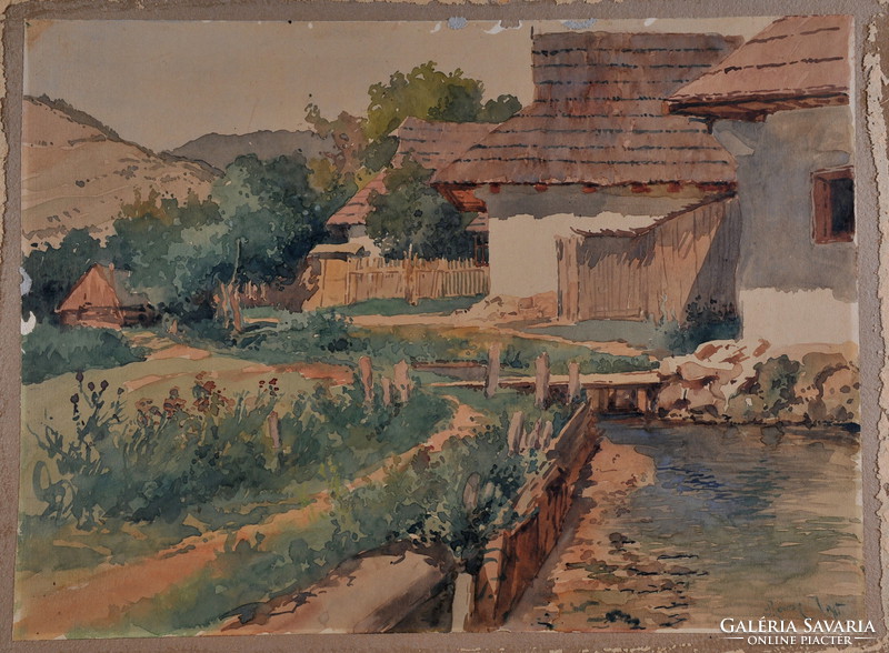 Ismeretlen festő, faluszéli patak, akvarell