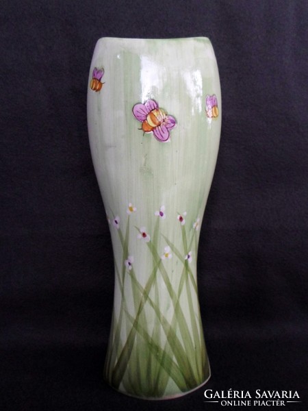 Antique faience vase with wild flowers and bees 30 cm