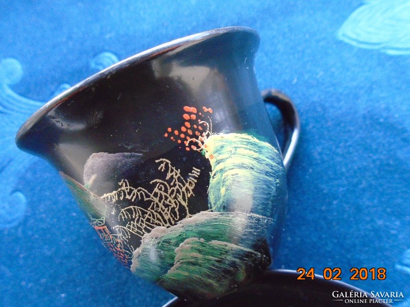 Hand-painted gilded mountain scenery, Japanese lacquered wood cup with coaster