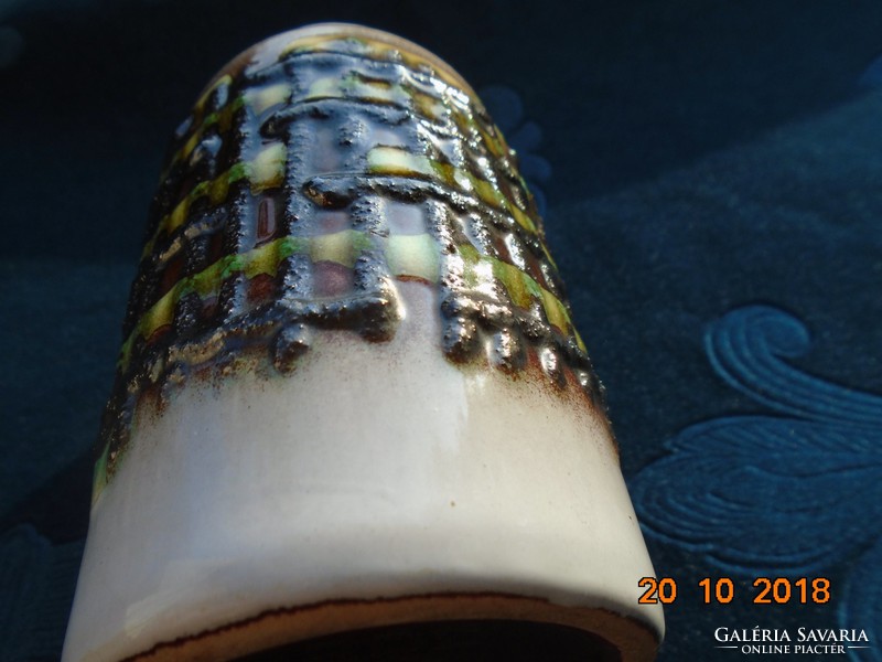 Mid Century Fat Lava Dombor színes rács mintás jelzett számozott kerámia váza