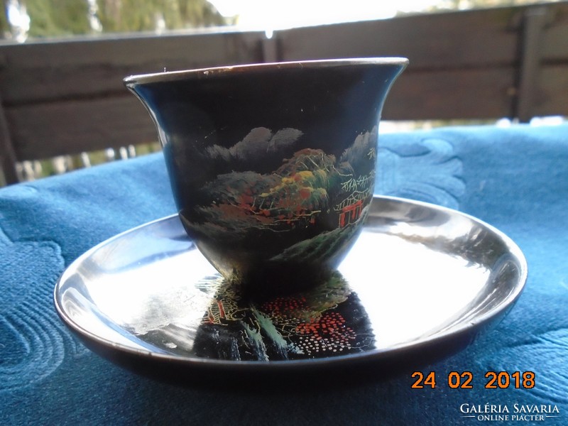 Hand painted Japanese lacquered wood cup with coaster