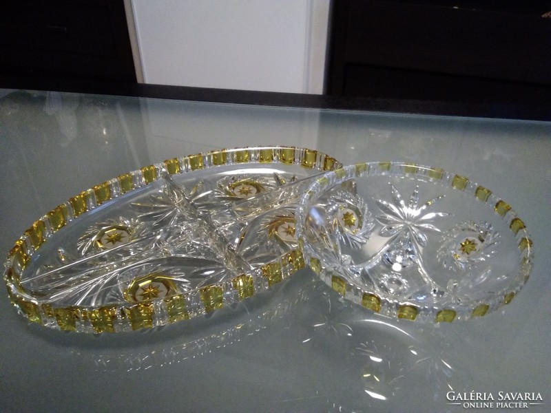 An extremely attractive split glass center table, together with a serving tray on three legs!