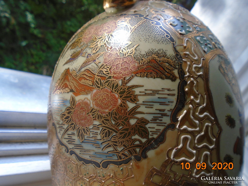 Gold brocade and embossed colored enamel designs, figurative Chinese vase with an interesting stepped rim