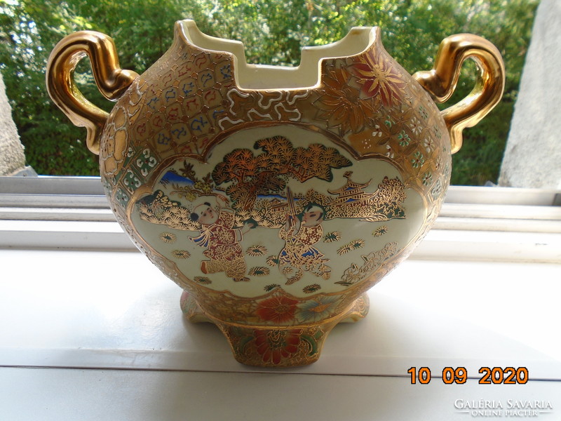 Gold brocade and embossed colored enamel designs, figurative Chinese vase with an interesting stepped rim