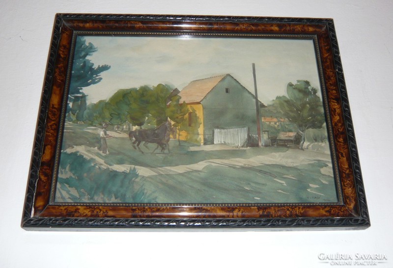 K.Sajó Péter festmény, falusi táj lóval 